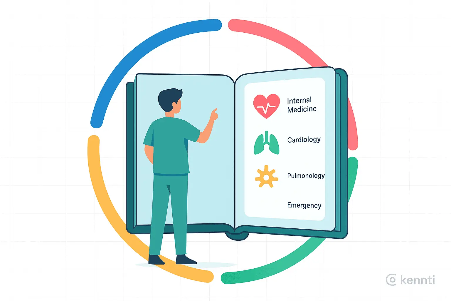 Illustration eines Arztes mit Fachbereichen – Kenntnisprüfung & Fachsprachprüfung Vorbereitung Deutschland auf Kennti.com